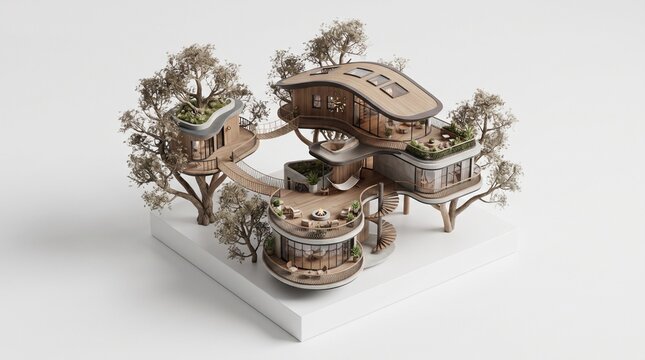 Futuristic Sustainable Treehouse Architecture Concept with Organic Wooden Pods and Green Roofs in a Natural Environment