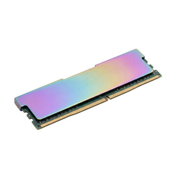 Iridescent rainbow computer RAM memory module with green PCB isolated transparent PNG