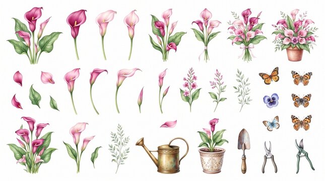 Exquisite watercolor collection of pink calla lilies, spring flowers, foliage, butterflies, and gardening tools for charming botanical design projects