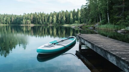 Obraz premium Paddleboard tied to a wooden dock on a serene lake surrounded by lush green forest