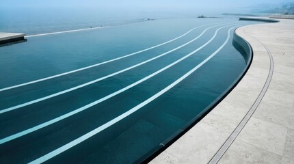 Fototapeta premium A high angle view of a modern swimming pool with clear blue water and lane markers for athletic training