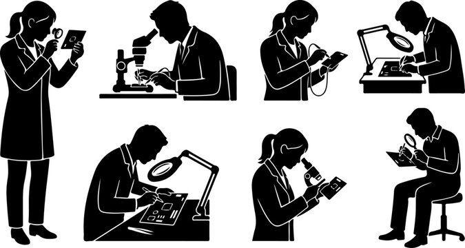Set of silhouettes of scientists and engineers working in a laboratory vector illustration