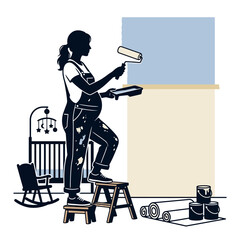 Pregnant woman painting nursery room vector illustration, mother preparing baby bedroom with paint roller, home renovation and nesting concept isolated on White Background silhouette © MdMehediHasan