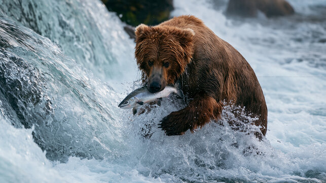 Grizzly bear fishing at a waterfall in a wild river ecosystem with splashing salmon and dynamic motion