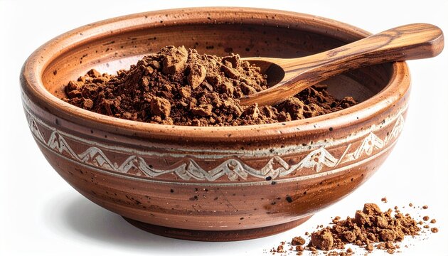 Ceramic bowl with cocoa powder and wooden spoon isolated on white background, realistic baking ingredient