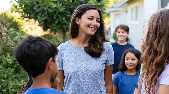 A woman smiles while interacting with children outdoors near a house surrounded by greenery