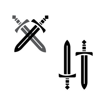 Medieval Sword Icon Set Featuring Crossed And Standing Blade Symbols For Fantasy, Gaming, Heraldry, And Security Branding