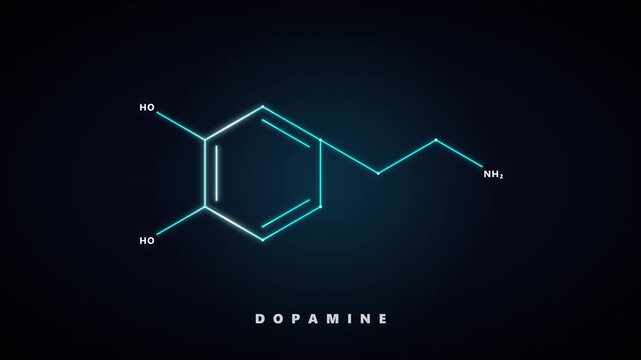 Dopamine chemical structure animation: glowing neon molecular formula for science education