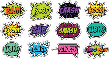 Retro Comic Book Sound Effects Exploded Speech Bubble Sticker Set with Bam Crash Boom Smash and Pew Pew Typography for Graphic Novel Layout Designs © MD