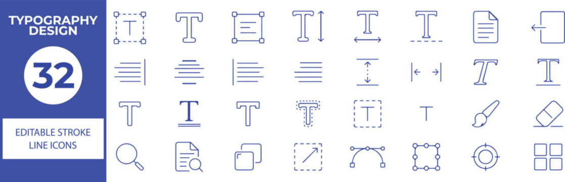 32 Typography Design Vector Outline Icons Set,Font, Text Editing, Letter, Alignment, Formatting and Typography Line Symbols Collection