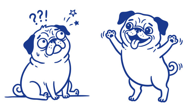 Two cute pug dogs illustrated in a simple blue line art style showing one confused puppy and one happy excited dog standing