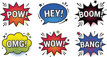 Retro Comic Book Sound Effects Exploded Speech Bubble Set with Pow Hey Boom Omg Wow and Bang Typography Texts for Pop Art Graphic Designs © MD