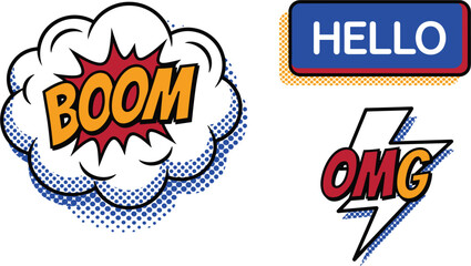 Retro Comic Speech Bubble Sticker Set with Pop Art Halftone Exploded Cloud Boom Text Lightning Bolt and Hello Badge Elements for Poster Designs © MD