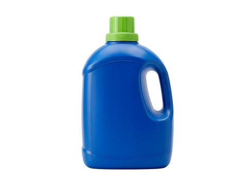 A blue plastic laundry detergent bottle with a green cap representing household cleaning supplies isolated on transparent background