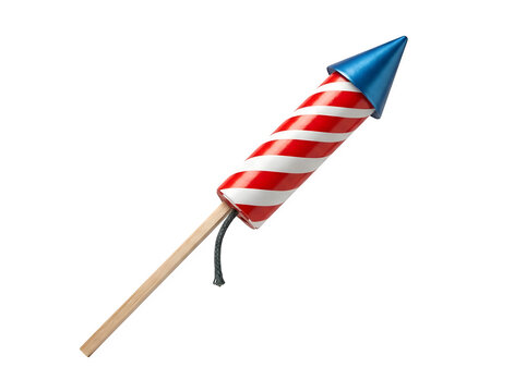 A single red and white striped firework rocket with a blue nose cone and wooden stick isolated on transparent background