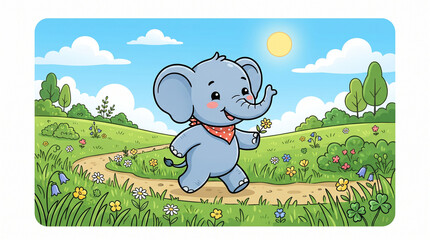 Fototapeta premium Cute Baby Elephant Mascot Vector Illustration in Green Grass Field