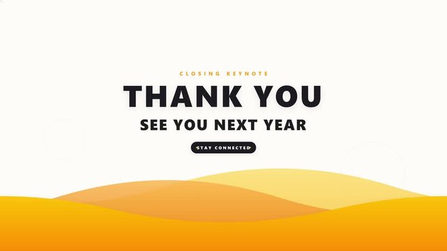 Closing keynote thank you slide with animated abstract yellow waves for corporate presentation