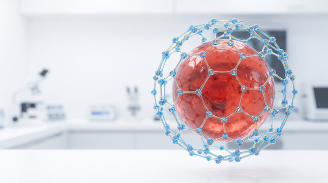 Red lipid cell molecular network in scientific laboratory with microscope and equipment in background