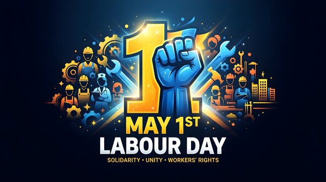 International workers day celebration graphic featuring a raised fist and industrial tools to commemorate the spirit of may first labour day