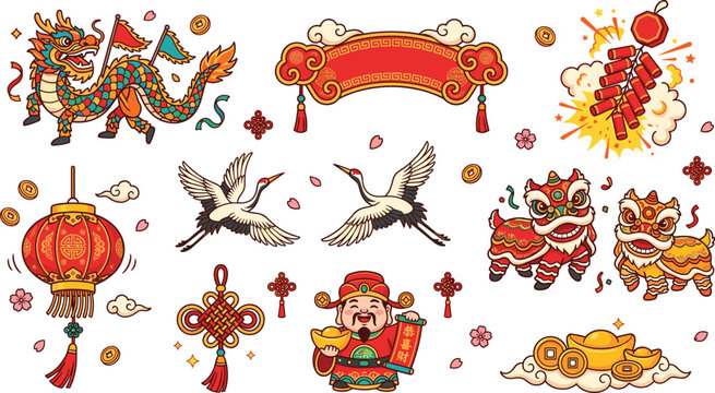 Chinese New Year Vector Icon Set with Dragon Dance Lion Dance God of Wealth Lantern and Firecrackers for Lunar Festival Graphic Designs