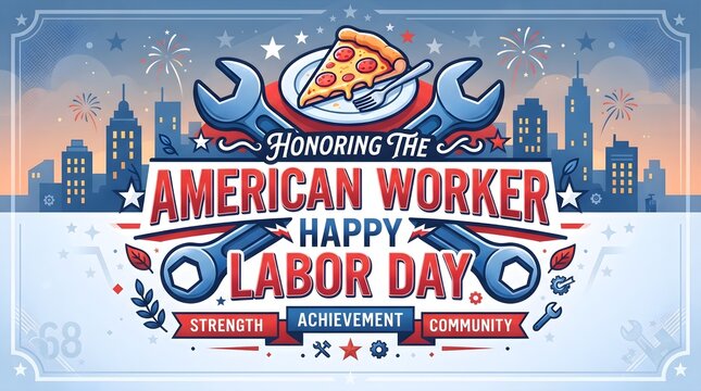 Festive happy labor day greeting card design featuring tools and a slice of pizza to celebrate the hardworking american labor force today
