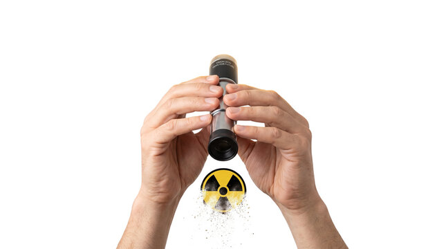 Radiation dosimeter held by hands for safety monitoring, nuclear radiation detection device, radioactive hazard warning symbol and measuring tool isolated PNG with Transparent Background