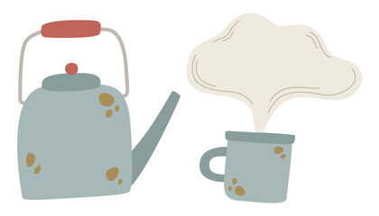 Teapot and mug vector illustration featuring a cozy kettle with hot steaming tea. Naive hand-drawn doodle style design is perfect for autumn packaging, kitchen textiles, fabric, and modern stationery. © Olena Yevsikova