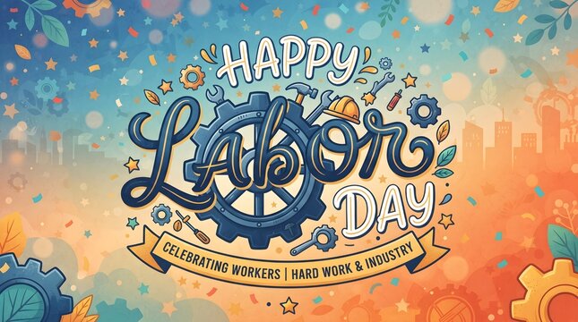Colorful artistic illustration featuring a decorative happy labor day greeting with industrial gear elements on a vibrant textured background for holiday celebration