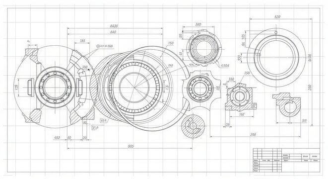 Detailed Mechanical Engineering Blueprint with Technical Drawings of Industrial Machine Parts and Components on Grid Paper
