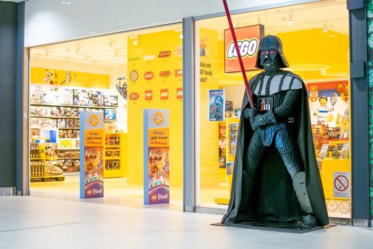 Belgrade,Serbia-July 9,2018.Image shows the facade of a Lego store with a Darth Vader figure outside of it.