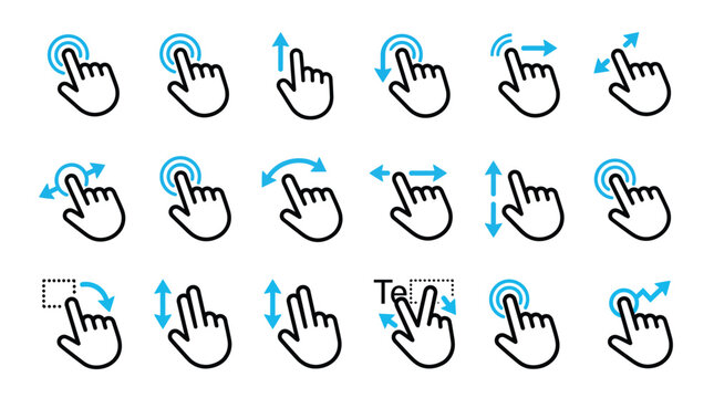 Hand gestures showing various touchscreen interaction methods with simple blue arrows on a clean white background