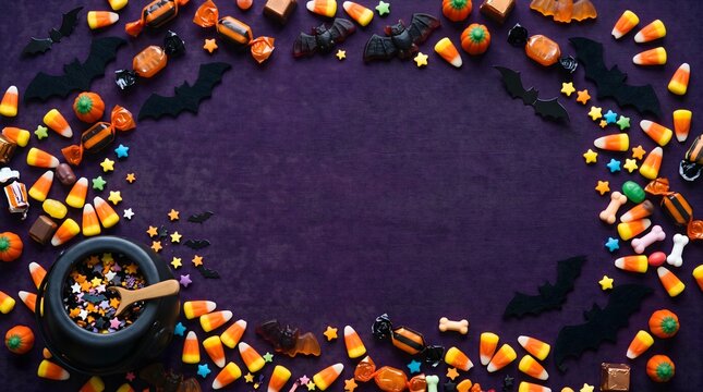 Halloween festive background with candy and potion cauldron, holiday treat frame halloween concept, festive background, copy space