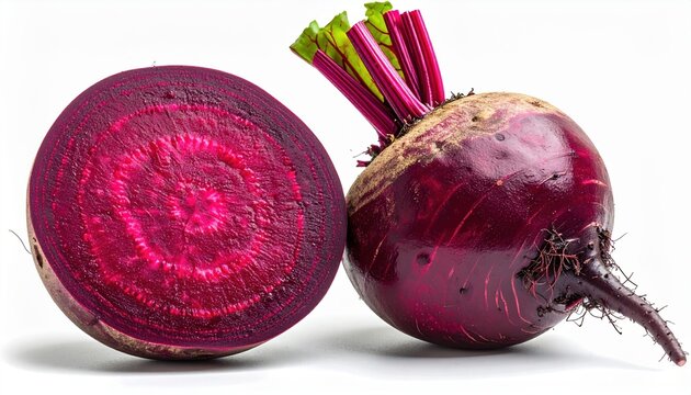 Whole beetroot and beetroot half with vibrant interior, isolated on white background