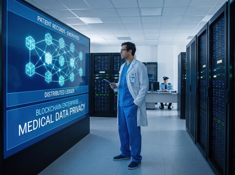 Medical data privacy blockchain enterprise with encrypted patient records and distributed ledger in server room