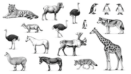 Fototapeta premium Wild and domestic animals hand drawn sketch vector set, vintage realistic wildlife collection with giraffe tiger caribou and wolves isolated on white background