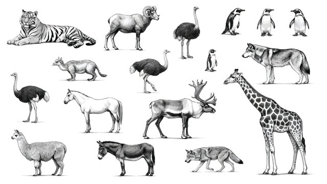 Wild and domestic animals hand drawn sketch vector set, vintage realistic wildlife collection with giraffe tiger caribou and wolves isolated on white background