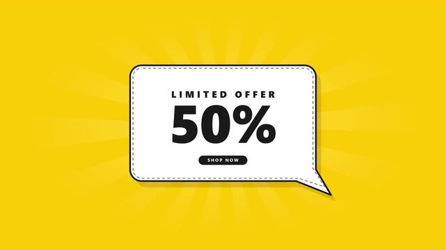 50% off limited offer sale animation with shop now button on yellow background, 50 percent off