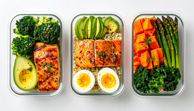 Healthy meal prep containers with high-protein foods, glazed salmon with quinoa and avocado, boiled eggs with asparagus, kale and sweet potato, grilled chicken with barley and zucchini. Close-up.