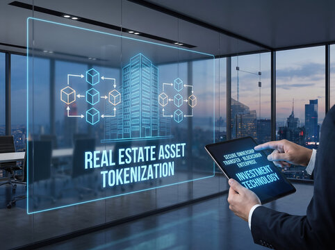 Real estate asset tokenization concept with blockchain technology on digital tablet in modern office