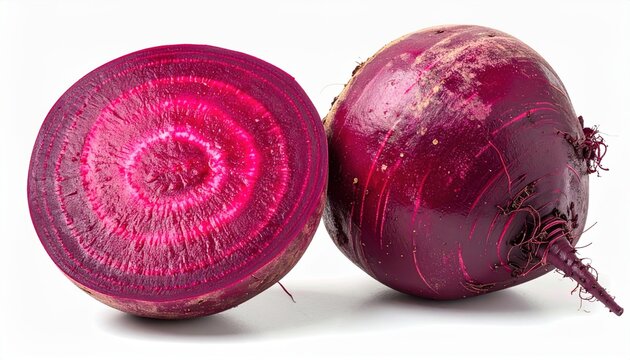 Whole beetroot and beetroot half with vibrant interior, isolated on white background