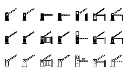 Security Boom Barrier Gate Icon Set with Parking Checkpoint Arms Toll Road Traffic Stop Control and Entrance Boundaries in Silhouette and Line Art Styles © Ronjina