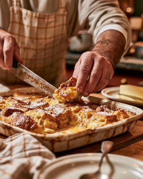 Rustic homemade bread pudding baked in oven on dining table with fork and plate for family dessert breakfast