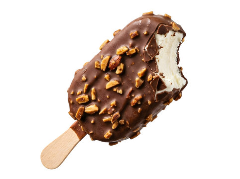 A delicious bitten vanilla ice cream bar covered in milk chocolate and crunchy roasted almond pieces isolated on transparent background