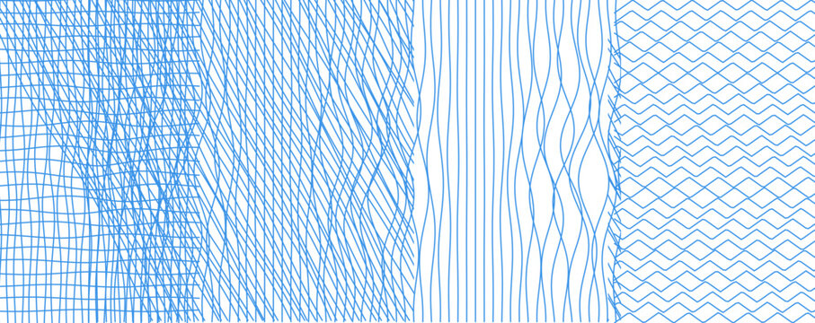 Guilloche pattern vector set, blue security line art textures for certificate design, wavy geometric banknote background collection