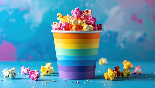 Paper cup of rainbow sweet popcorn on blue background, vibrant snack composition
