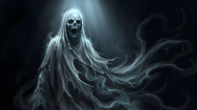 A terrifying ghostly figure with a skeletal face and flowing tattered robes emerging from the dark misty shadows