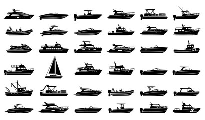 Motorboat and Speed Boat Silhouette Vector Set with Luxury Yacht Fishing Boat and Marine Watercraft Collection © Crative studio