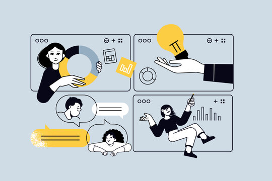 Creative business concept of teamwork, analysis, planning, brainstorming, communication. Vector illustration for web banner, social media banner, business presentation, marketing material. 