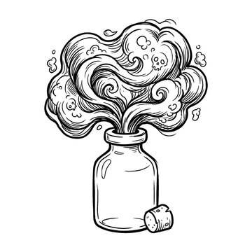 Hand drawn sketch of a potion bottle emitting toxic fumes isolated on white background.