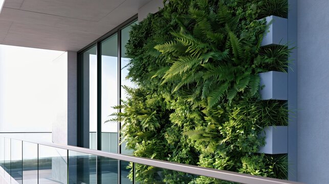Vertical balcony garden wall with lush ferns for modern architecture.

